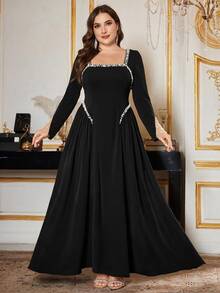 Reflora Plus Size Women's Black Knit Stretch Faux Pearl Decor Elegant Dress New Year Party Dinner Cocktail Evening Formal Fall - Black - View 12