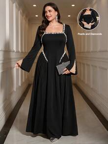 Reflora Plus Size Women's Black Knit Stretch Faux Pearl Decor Elegant Dress New Year Party Dinner Cocktail Evening Formal Fall - Black - View 2