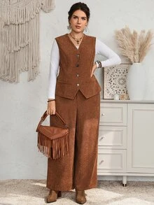 EMERY ROSE Plus Size Brown Textured Button Front V Neck Long Sleeve Two Pieces Set Elegant Formal Fall Winter 2026 - Brown - View 9