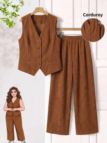 EMERY ROSE Plus Size Brown Textured Button Front V Neck Long Sleeve Two Pieces Set Elegant Formal Fall Winter 2026 - Brown - View 3