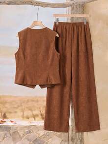 EMERY ROSE Plus Size Brown Textured Button Front V Neck Long Sleeve Two Pieces Set Elegant Formal Fall Winter 2026 - Brown - View 2