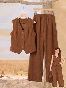EMERY ROSE Plus Size Brown Textured Button Front V Neck Long Sleeve Two Pieces Set Elegant Formal Fall Winter 2026 - Brown - View 11