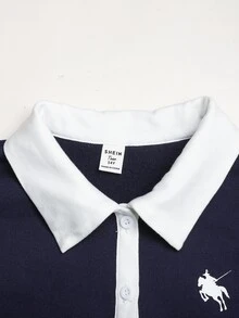 青少年女孩皇家藍休閒 Polo 領落肩加厚抓絨內裡 A 字版型白色小圖案印花下擺超長洋裝，返校季，適合秋冬，女孩長洋裝，青少年長版衛衣洋裝 - 寶藍色 - 查看 5