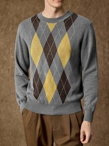 Formmaro Men's Autumn/Winter Diamond Grid Crew Neck Long Sleeve Casual Old Money Vintage Sweater Off Campus Formal Grey - Grey - View 4