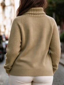 SHEIN LUNE CURVE Plus Size Women's Mid-High Neck Fashion Minimalist Baggy Casual Versatile Daily Commute Long Sleeve Pullover Knit Sweater Suitable For Fall Formal - Camel - View 2