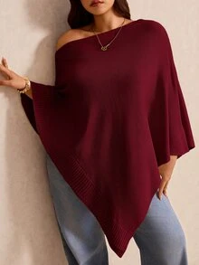 Elaquor Plus Size Elegant Casual Asymmetric Hem Asymmetrical Shoulder Pullover Sweater Autumn Formal Party Burgundy Winter - Burgundy - View 4