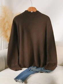 CosyJoli Plus Size Women's Fashion Casual Wavy Hem Brown Regular Shoulder Semi-High Neck Long Sleeve Pullover Sweater, Fall/Winter, Thanksgiving, New Year - Brown - View 3