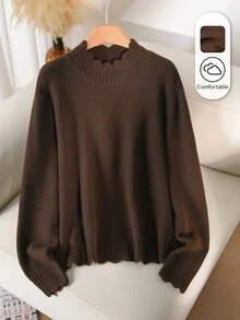 CosyJoli Plus Size Women's Fashion Casual Wavy Hem Brown Regular Shoulder Semi-High Neck Long Sleeve Pullover Sweater, Fall/Winter, Thanksgiving, New Year - Brown - View 2