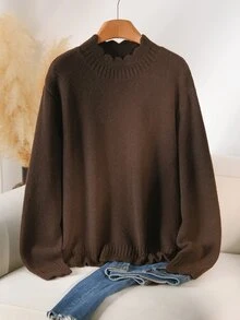 CosyJoli Plus Size Women's Fashion Casual Wavy Hem Brown Regular Shoulder Semi-High Neck Long Sleeve Pullover Sweater, Fall/Winter, Thanksgiving, New Year - Brown - View 6