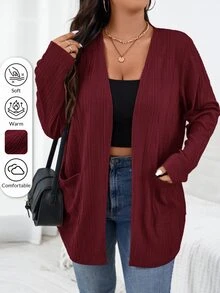 SHEIN Essnce Plus Size Casual Elegant Solid Color Double Pocket Jacket, Autumn/Winter Fall Office Teacher Business Burgundy - Burgundy - View 3