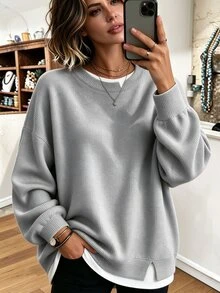 Breezaya Women's Casual Grey Crew Neck Knit Loose Drop Shoulder Lantern Sleeve Side Slit Layered 2 In 1 Long Sleeve Top - Light Grey - View 4