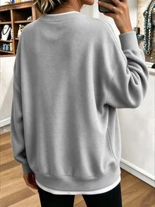 Breezaya Women's Casual Grey Crew Neck Knit Loose Drop Shoulder Lantern Sleeve Side Slit Layered 2 In 1 Long Sleeve Top - Light Grey - View 2