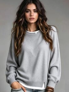 Breezaya Women's Casual Grey Crew Neck Knit Loose Drop Shoulder Lantern Sleeve Side Slit Layered 2 In 1 Long Sleeve Top - Light Grey - View 3