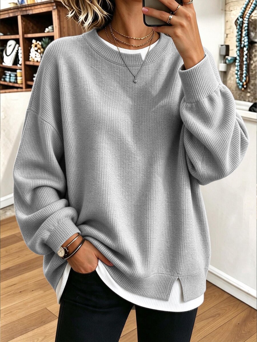 Breezaya Women's Casual Grey Crew Neck Knit Loose Drop Shoulder Lantern Sleeve Side Slit Layered 2 In 1 Long Sleeve Top - Light Grey - View 1