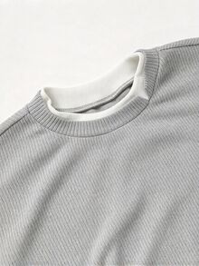 Breezaya Women's Casual Grey Crew Neck Knit Loose Drop Shoulder Lantern Sleeve Side Slit Layered 2 In 1 Long Sleeve Top - Light Grey - View 5