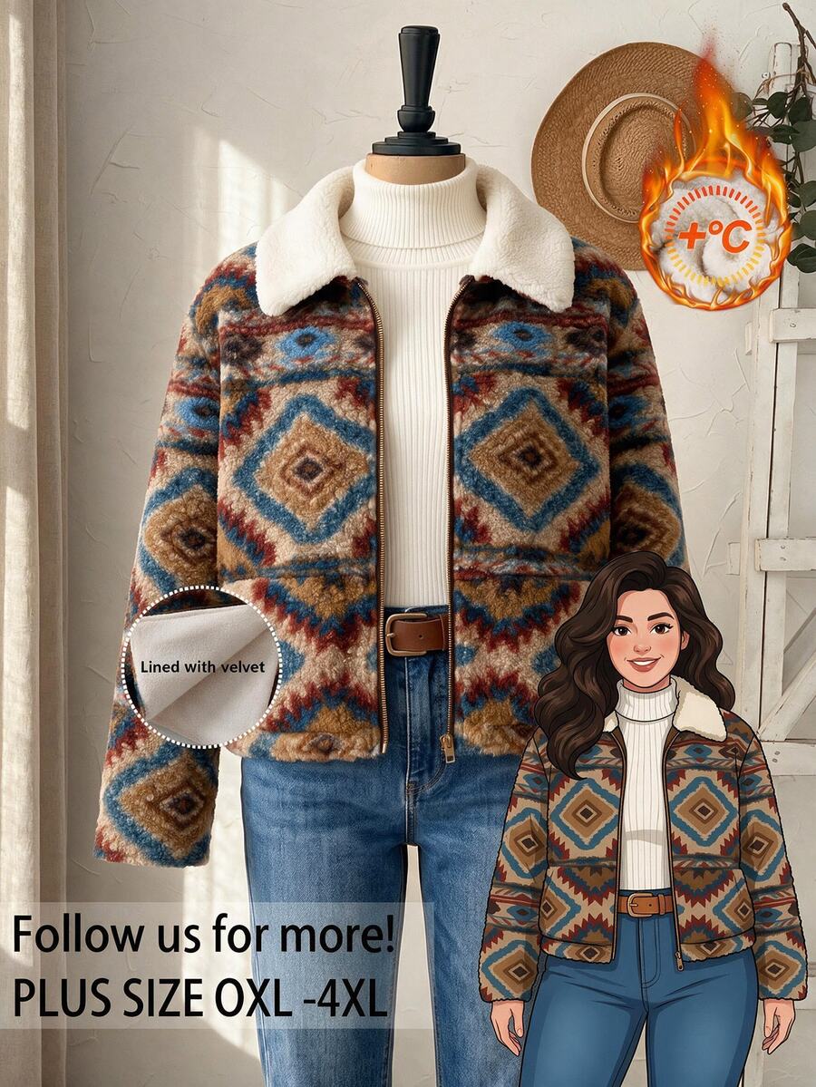 Rusticease Plus Size Women's Geometric Pattern Long Sleeve Zip-Up Jacket Office Holiday Going Out Party Brown Winter Casual Gothic Cosplay 1920 Vintage Elegant - Khaki - View 1
