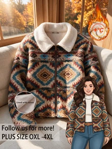 Rusticease Plus Size Women's Geometric Pattern Long Sleeve Zip-Up Jacket Office Holiday Going Out Party Brown Winter Casual Gothic Cosplay 1920 Vintage Elegant - Khaki - View 3