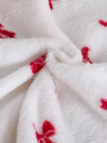 2pcs/Set Young Girls Pajamas, Lapel Cardigan Design, Bow Print, Warm Soft Skin-Friendly Fleece Long Sleeve Long Pants Loungewear Set Winter - Red and White - View 7