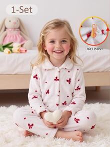 2pcs/Set Young Girls Pajamas, Lapel Cardigan Design, Bow Print, Warm Soft Skin-Friendly Fleece Long Sleeve Long Pants Loungewear Set Winter - Red and White - View 1