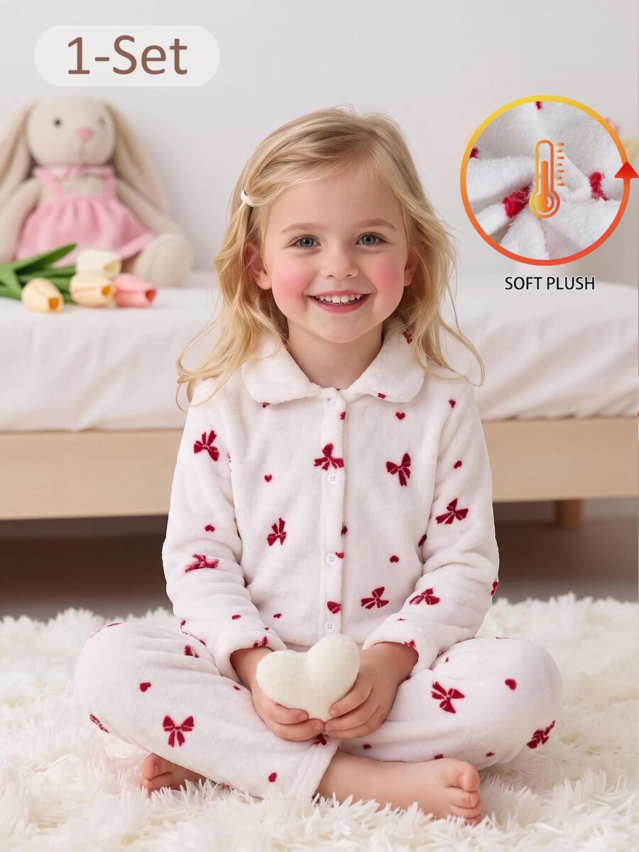 2pcs/Set Young Girls Pajamas, Lapel Cardigan Design, Bow Print, Warm Soft Skin-Friendly Fleece Long Sleeve Long Pants Loungewear Set Winter - Red and White - View 1