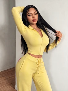 Core Rhythm 2026 New Autumn And Winter Women's Solid And Color-Block Towel Embroidered Casual Printed Sports Jacket With Zipper, Two Pieces Sportswear Set, Comfort - Yellow - View 2