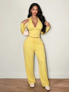 Core Rhythm 2026 New Autumn And Winter Women's Solid And Color-Block Towel Embroidered Casual Printed Sports Jacket With Zipper, Two Pieces Sportswear Set, Comfort - Yellow - View 5