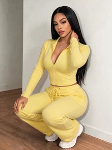Core Rhythm 2026 New Autumn And Winter Women's Solid And Color-Block Towel Embroidered Casual Printed Sports Jacket With Zipper, Two Pieces Sportswear Set, Comfort - Yellow - View 6
