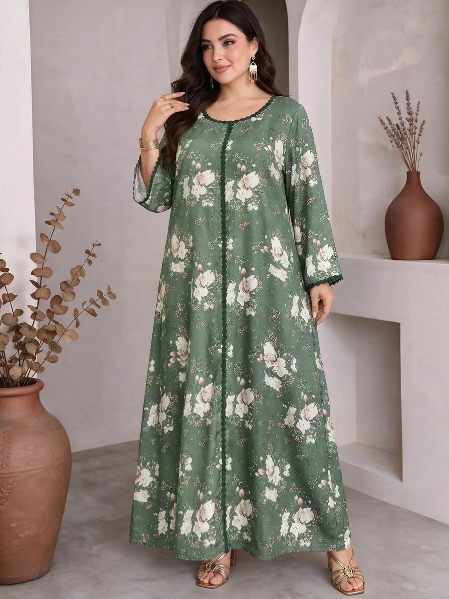 Al Najma Plus Size Women's Pink Floral Print Arabian Dress Family Christening Guest Fall Matching Modest Vacation Ninang - Multicolor - View 1
