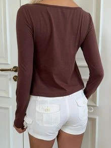 CovetEZ Women's Lace Patchwork Pleated Casual Versatile Daily Long Sleeve T-Shirt - Brown - View 2