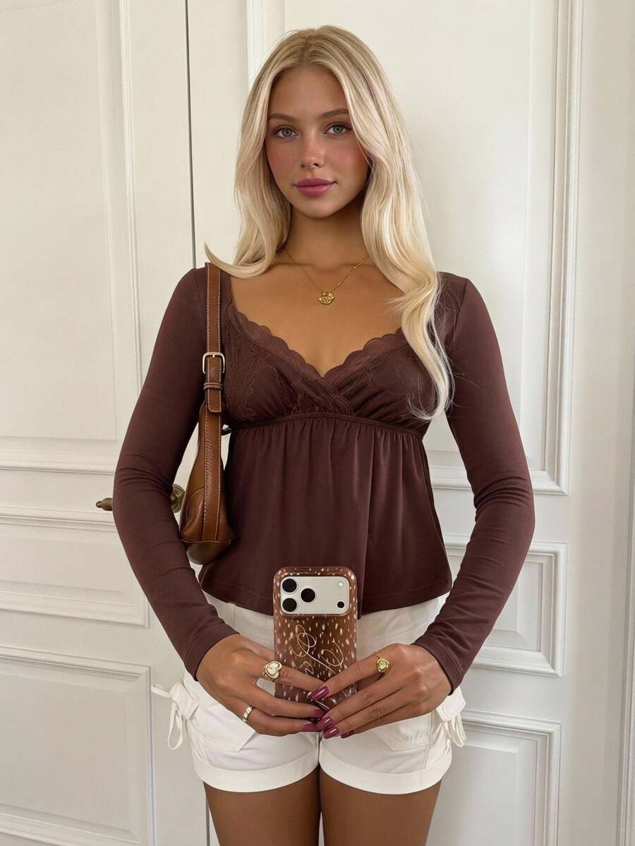 CovetEZ Women's Lace Patchwork Pleated Casual Versatile Daily Long Sleeve T-Shirt - Brown - View 1
