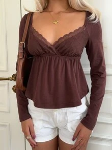CovetEZ Women's Lace Patchwork Pleated Casual Versatile Daily Long Sleeve T-Shirt - Brown - View 3