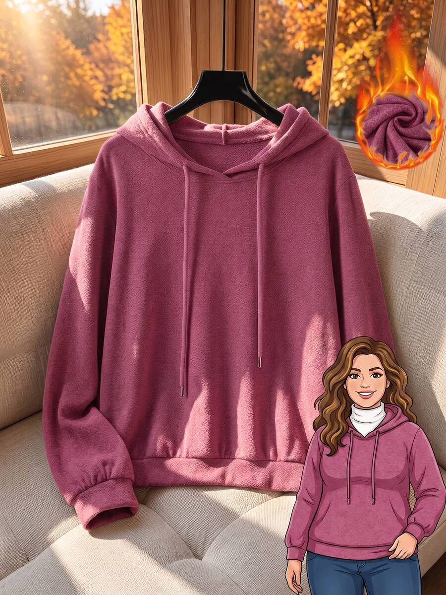 Rusticease Plus Size Solid Pink Hooded Long Sleeve Drawstring Casual Elegant Baggy Sweatshirt Fall Formal Home Vacation Going Out Travel Beach - Redwood - View 1