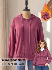 Rusticease Plus Size Solid Pink Hooded Long Sleeve Drawstring Casual Elegant Baggy Sweatshirt Fall Formal Home Vacation Going Out Travel Beach - Redwood - View 3