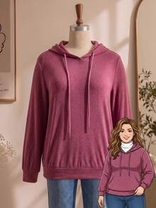 Rusticease Plus Size Solid Pink Hooded Long Sleeve Drawstring Casual Elegant Baggy Sweatshirt Fall Formal Home Vacation Going Out Travel Beach - Redwood - View 8
