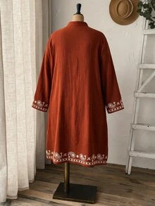 Rusticease 大尺碼女款佩斯利刺繡袖口鈕扣長袖休閒 80 年代波希米亞風洋裝，棕色秋季感恩節正式度假外出節日穿搭 - 棕色 - 查看 2