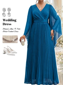 Fleurora Plus Size Women's Elegant Dress With Overlap V-Neck, Bell Sleeves And Pleated Hem - Teal Blue - View 8