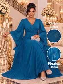 Fleurora Plus Size Women's Elegant Dress With Overlap V-Neck, Bell Sleeves And Pleated Hem - Teal Blue - View 2