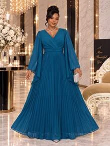 Fleurora Plus Size Women's Elegant Dress With Overlap V-Neck, Bell Sleeves And Pleated Hem - Teal Blue - View 5