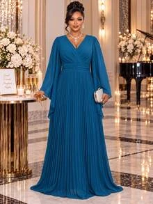 Fleurora Plus Size Women's Elegant Dress With Overlap V-Neck, Bell Sleeves And Pleated Hem - Teal Blue - View 1