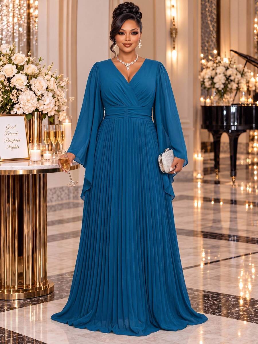 Fleurora Plus Size Women's Elegant Dress With Overlap V-Neck, Bell Sleeves And Pleated Hem - Teal Blue - View 1