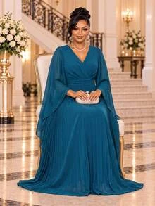 Fleurora Plus Size Women's Elegant Dress With Overlap V-Neck, Bell Sleeves And Pleated Hem - Teal Blue - View 6