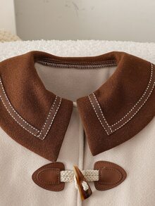 Elladie kids Young Girls Vintage Preppy Style Solid Overcoat With Contrast Sailor Collar Horn Buckle Decor Fall/ Woolen Coat - Khaki - View 7