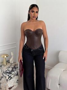 Glamine SHEIN Glamour Women's PU Leather Bustier Corset With Rivets, Fishbone Waist Cincher, Back Eyelet Lace-Up Design For Outerwear - Brown - View 8