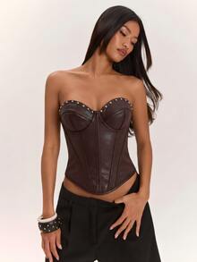 Glamine SHEIN Glamour Women's PU Leather Bustier Corset With Rivets, Fishbone Waist Cincher, Back Eyelet Lace-Up Design For Outerwear - Brown - View 4