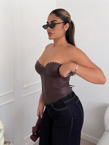 Glamine SHEIN Glamour Women's PU Leather Bustier Corset With Rivets, Fishbone Waist Cincher, Back Eyelet Lace-Up Design For Outerwear - Brown - View 7