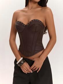 Glamine SHEIN Glamour Women's PU Leather Bustier Corset With Rivets, Fishbone Waist Cincher, Back Eyelet Lace-Up Design For Outerwear - Brown - View 5