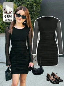 Tween Girls Black Solid Color Round Neck Long Sleeve Mesh Mini Snug Fit Ruched Dress, Autumn/Winter - Black - View 3