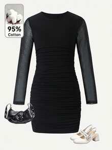 Tween Girls Black Solid Color Round Neck Long Sleeve Mesh Mini Snug Fit Ruched Dress, Autumn/Winter - Black - View 1