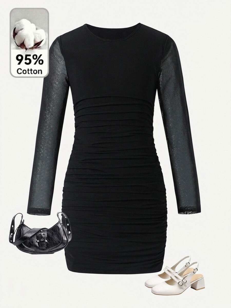 Tween Girls Black Solid Color Round Neck Long Sleeve Mesh Mini Snug Fit Ruched Dress, Autumn/Winter - Black - View 1