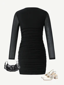 Tween Girls Black Solid Color Round Neck Long Sleeve Mesh Mini Snug Fit Ruched Dress, Autumn/Winter - Black - View 4